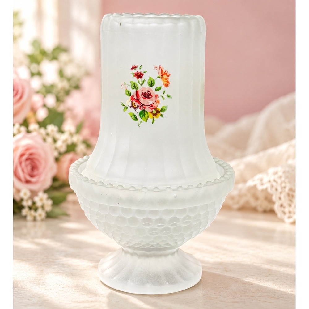 Vintage Fairy Lamp Home Decor White Frosted Satin Hobnail Rose Floral Vintage